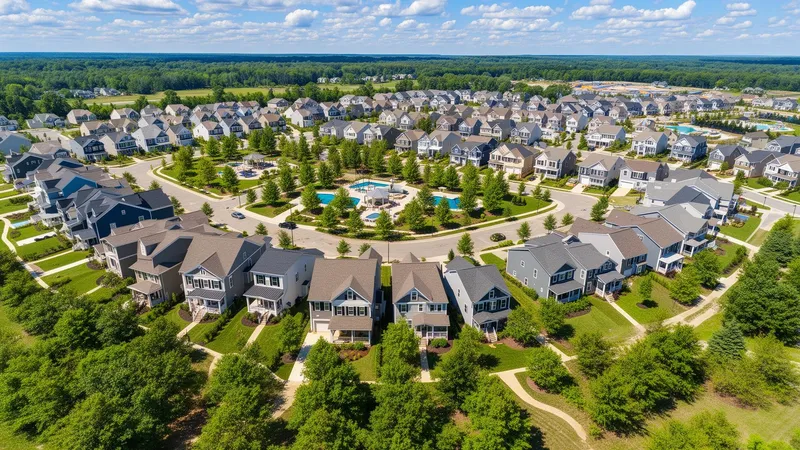 Aerial drone view of a builder community with homes and streetscapes